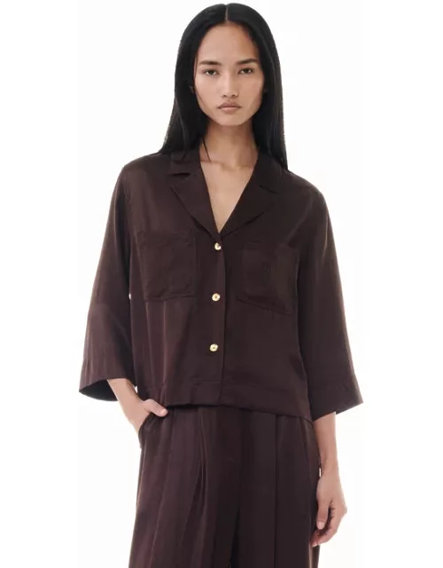 GANNI Washed Satin Crop Shirt in Brown