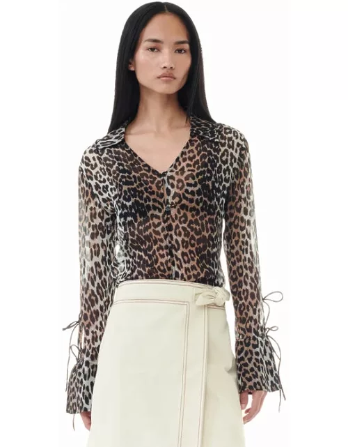 GANNI Leopard Printed Chiffon Slim Shirt in Almond Milk