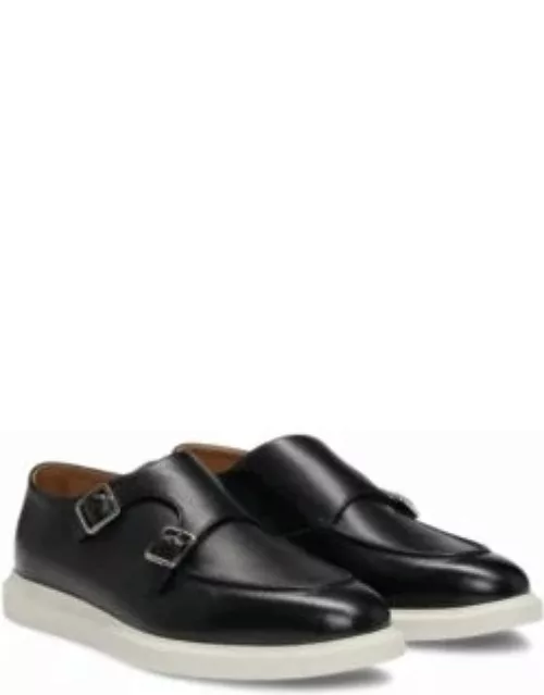 Grained-leather monk shoes with double strap- Black Men's Business Shoe