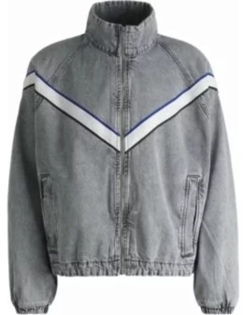 Zip-up denim jacket with contrasting tape detail- Grey Men's All Clothing