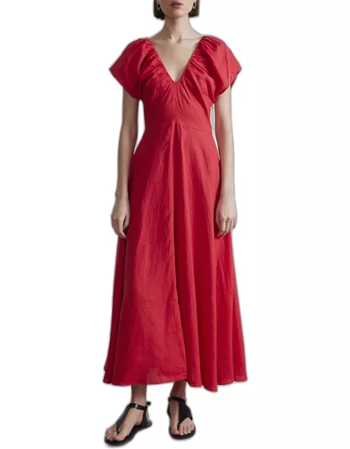 Monet Ruched Flutter-Sleeve Linen Maxi Dres