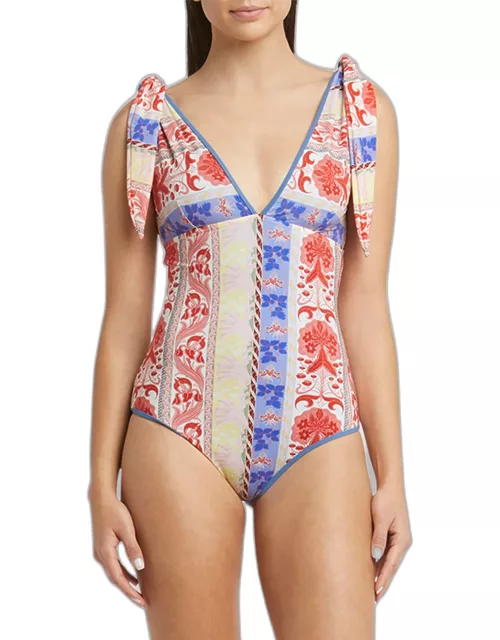 Printed Tie-Shoulder One-Piece Swimsuit