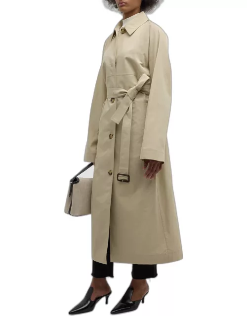 Tumbled Cotton-Silk Belted Long Trench Coat