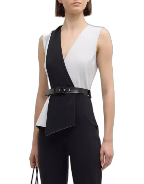 Belted Sleeveless Two-Tone Jumpsuit