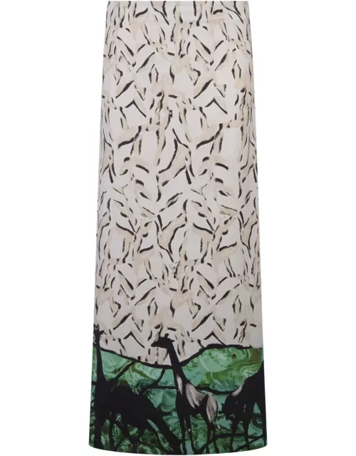 Stella Jean Long Skirt With Giraffe Print In White/green