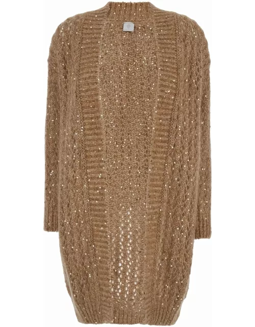 Eleventy Long Beige Cardigan With All-over Sequins In Cotton And Mohair Woman