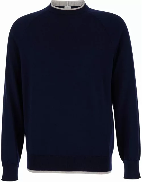 Eleventy Blue Crewneck Sweater With Ribbed Trim In Wool Man