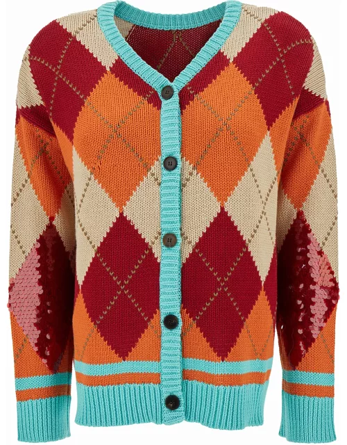 SEMICOUTURE clara Multicolor Relaxed Cardigan With Argyle Motif In Cotton Woman
