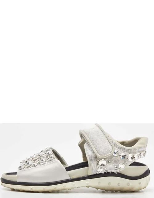 Miu Miu Silver Fabric Crystal Embellished Flat Sandal