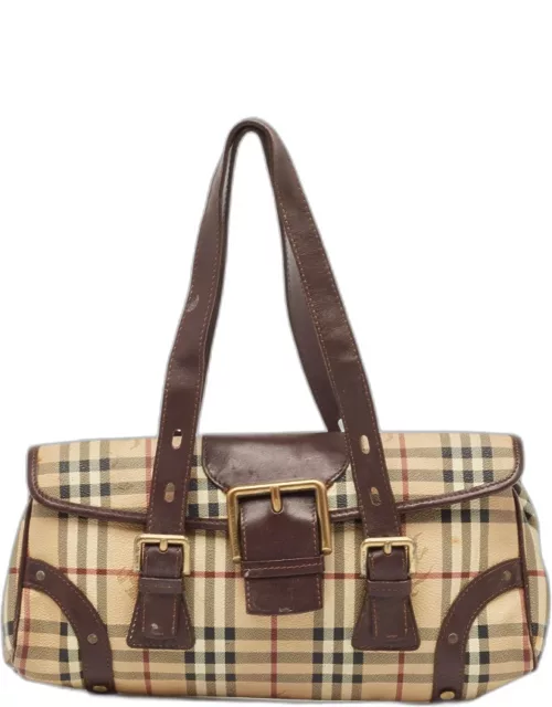 Burberry Brown/Beige House Check PVC and Leather Buckle Flap Bag