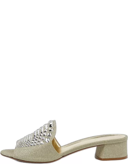 Le Silla Silver Glitter Canvas Crystal Embellished Block Heel Slide Sandal