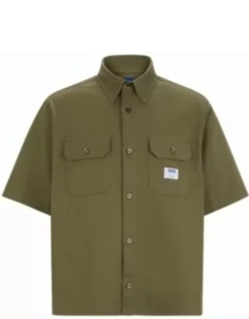 Loose-fit shirt in cotton twill with logo patch- Light Green Men's Casual Shirt