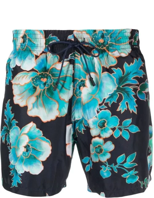 Etro Navy Blue Swim Shorts With Maxi Floral Print