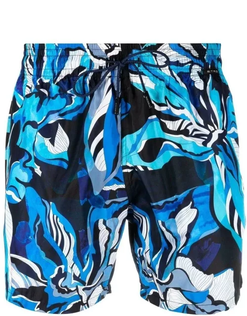 Etro Navy Blue Swim Shorts With Floral Foliage