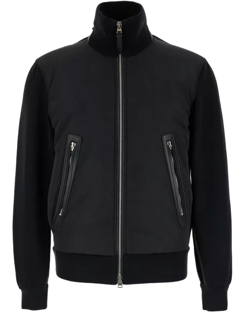 Tom Ford Black Jacket With High Neck And Zip In Knit And Nylon Man