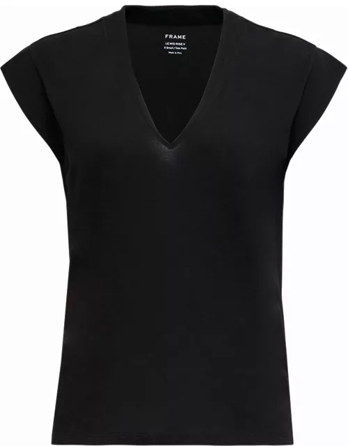 Frame Black Cotton V-neck T-shirt