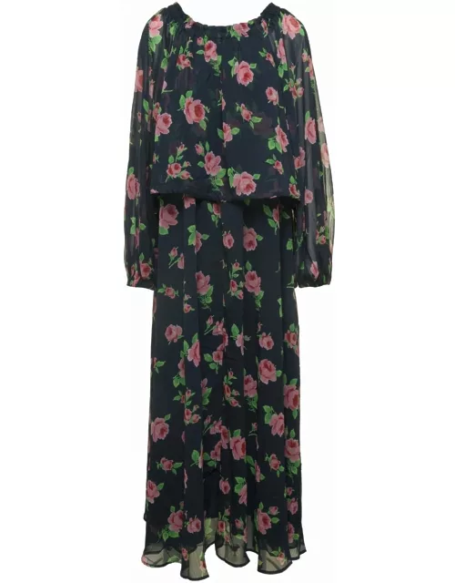 Rotate by Birger Christensen Maxi Multicolor Dress With All-over Roses Print In Chiffon Woman