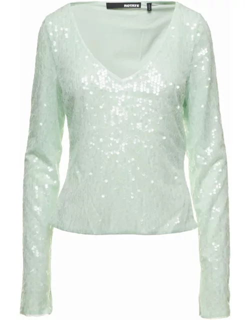 Rotate by Birger Christensen Green Long Sleeve Top With All-over Sequins In Recycled Fabric Woman