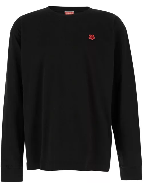 Kenzo Black Long Sleeve T-shirt With Boke Flower Patch In Cotton Man
