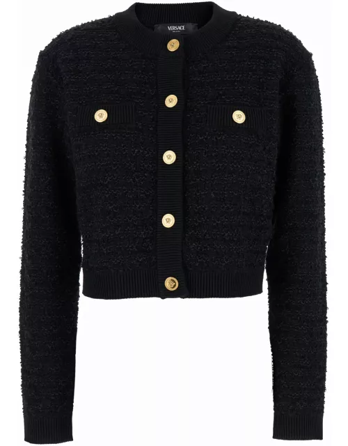 Versace Black Cardigan With Jewel Buttons In Tweed Woman