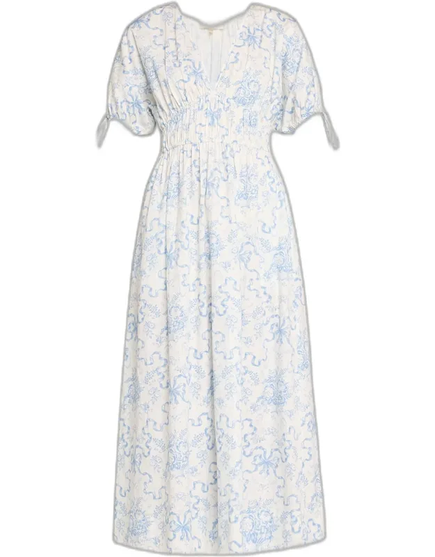 Mastey Floral Cotton Cinched-Waist Midi Dres