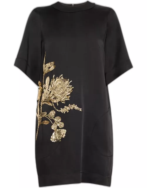 Hammered Satin Mini Shift Dress with Floral Embellished Detail