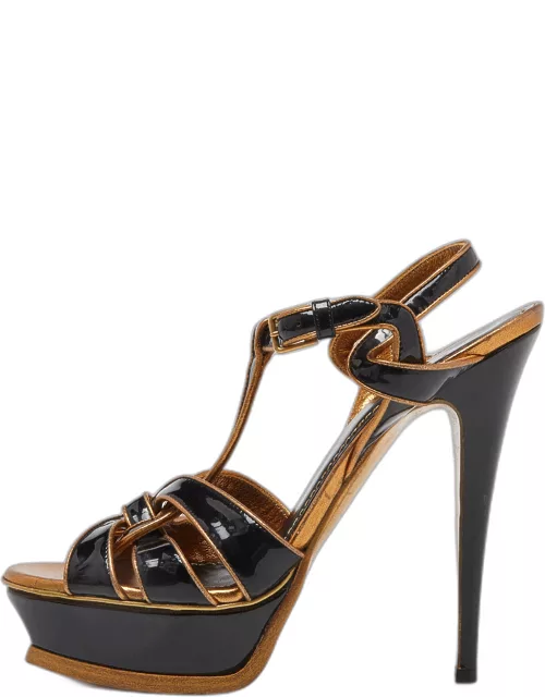 Yves Saint Laurent Black/Gold Patent Leather Tribute Platform Ankle Strap Sandal