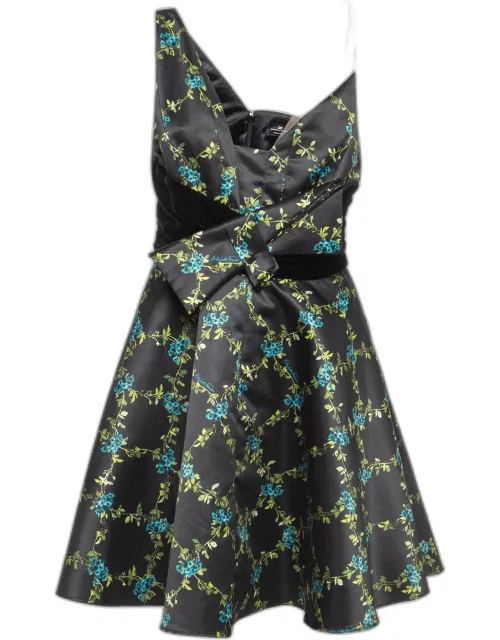 Elisabetta Franchi Black Floral Print Satin Fit and Flare Dress