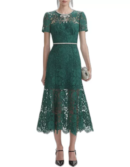 Lace Diamante Belted Short-Sleeve Midi Dres