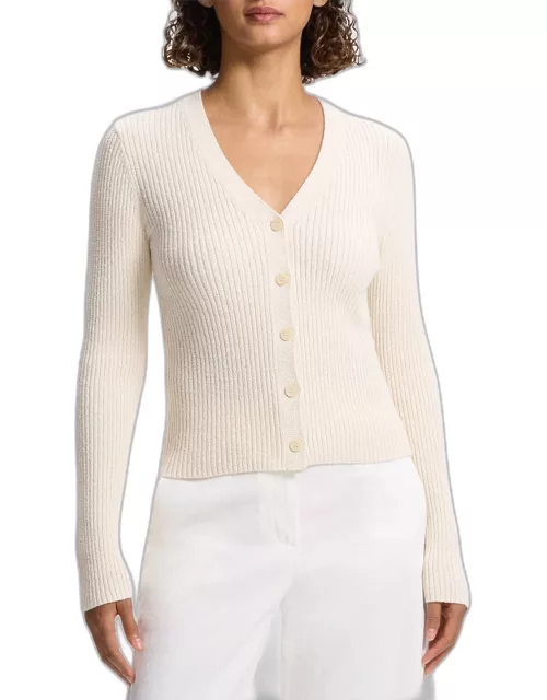 Textured Cotton Rib Fitted V-Neck Cardigan