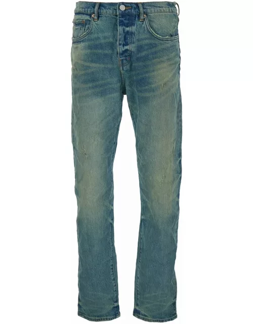 Purple Brand Light Blue Straight Jeans With Crinkled Effect In Stretch Cotton Denim Man