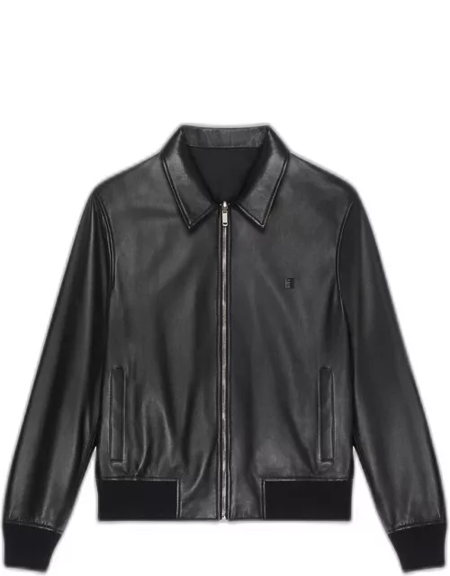 Men's Reversible Leather and Polyester Bomber Jacket