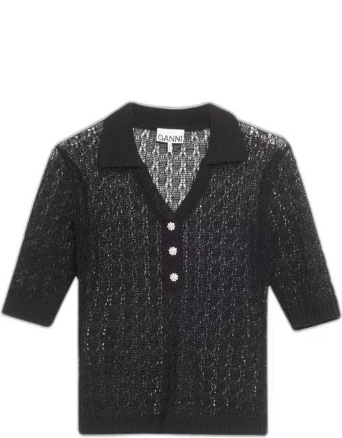 Shiny Pointelle Knit Short-Sleeve Polo Shirt