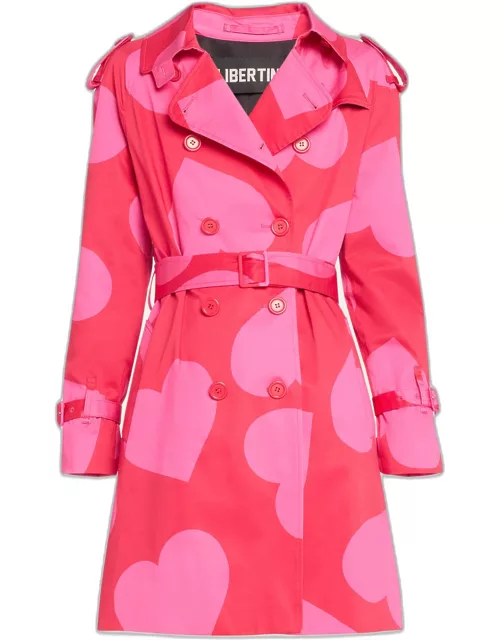 Pinky Red Heart Double-Breasted Belted Trench Coat