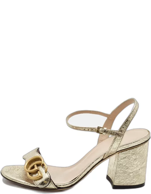 Gucci Gold Textured Leather GG Marmont Ankle Strap Sandal