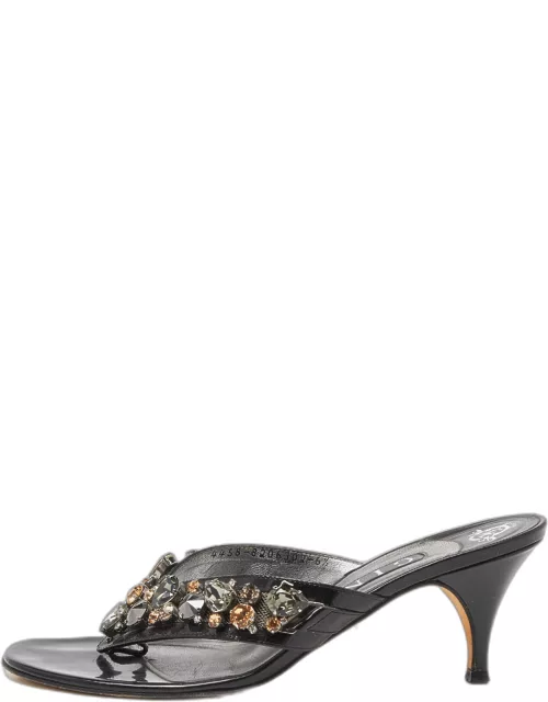 Gina Black Patent Leather Crystal Embellished Thong Slide Sandals 39