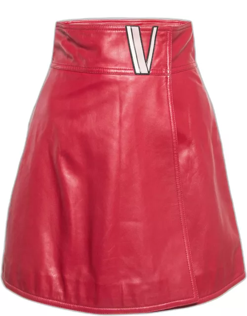 Valentino Red V Applique Leather Mini Wrap Skirt