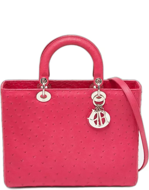 Dior Pink Ostrich Leather Large Lady Dior Tote