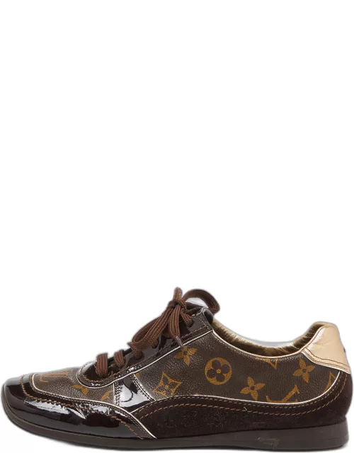 Louis Vuitton Brown Patent Leather and Monogram Canvas Low Top Sneaker