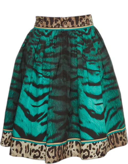 Dolce & Gabbana Green Tiger Print Cotton Gathered Mini Skirt
