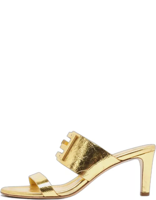 Fendi Gold Leather Baguette Slide Sandal