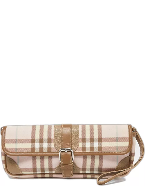 Burberry Pink/Beige House Check PVC and Leather Buckle Flap Wristlet Clutch
