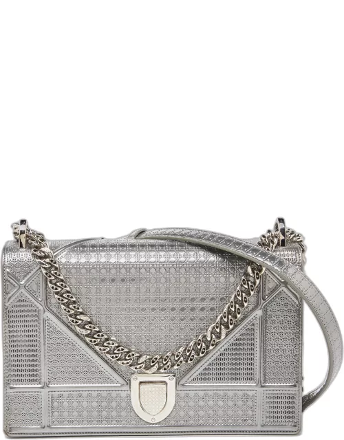 Dior Silver Microcannage Patent Leather Medium Diorama Flap Shoulder Bag