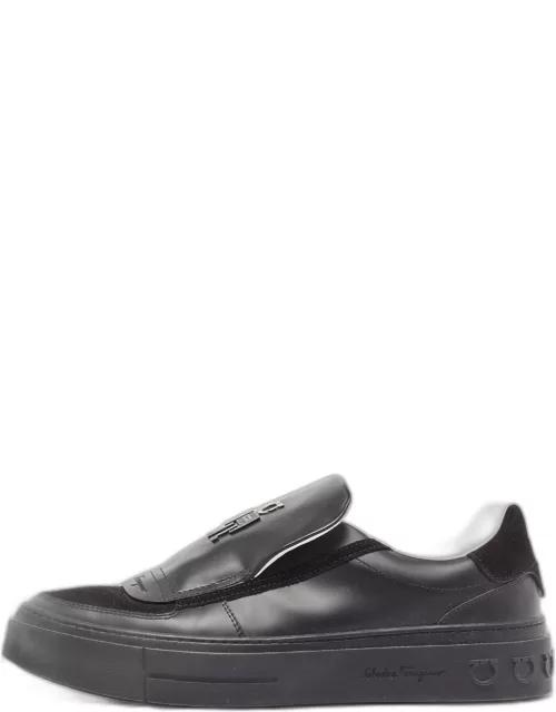 Salvatore Ferragamo Black Leather and Suede Slip On Sneaker