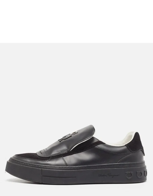 Salvatore Ferragamo Black Leather and Suede Slip On Sneaker