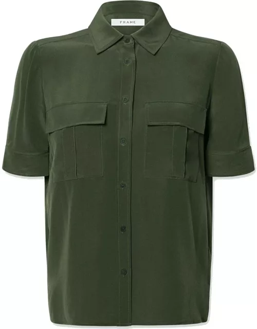 Frame Denim Patch Pocket Button Down Silk Shirt - Military