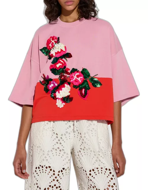 Festi Floral Sequin Embroidered Short-Sleeve Sweatshirt