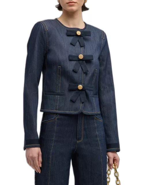 Taya Bow-Embellished Topstitched Denim Crop Jacket