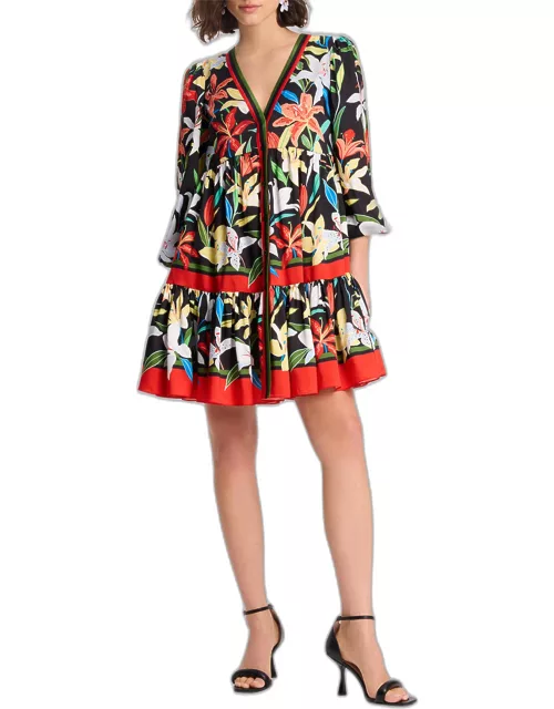 summer lilies tiered blouson-sleeve mini dres