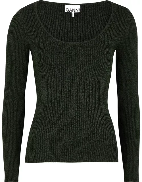 Dark green mélange stretch-knit top